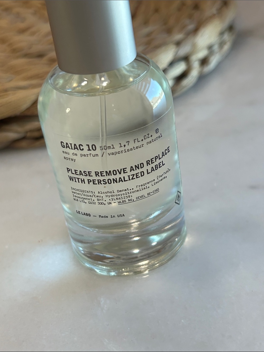 Le Labo Clear Glass Gaiac 10 Perfume Bottle with Silver Cap 50ml